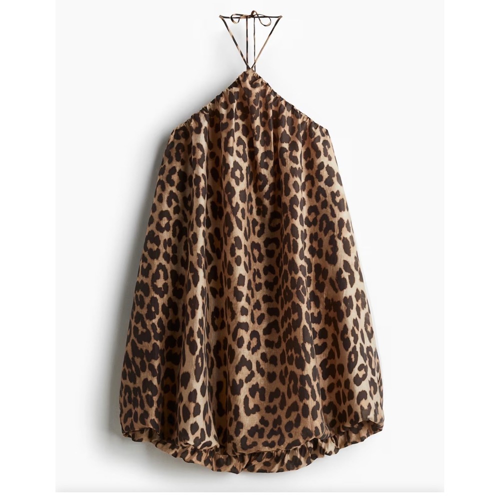 H&M Leopard Print Halter Balloon Mini Dress Women's L Bubble Hem NWT